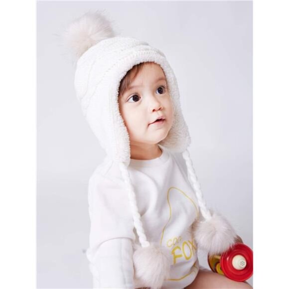 Kids White Girls Sherpa Earflaps Hat Kids Winter Hat Beanie Fuzzy Peruvian Hat - Picture 3 of 6